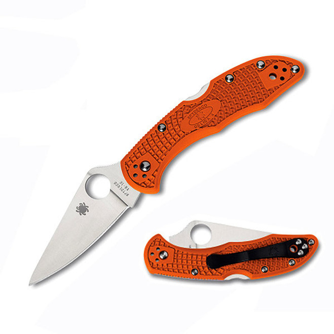 Spyderco Delica Lockback Folding Knife Flat Ground Plain Blade Orange C11FPOR