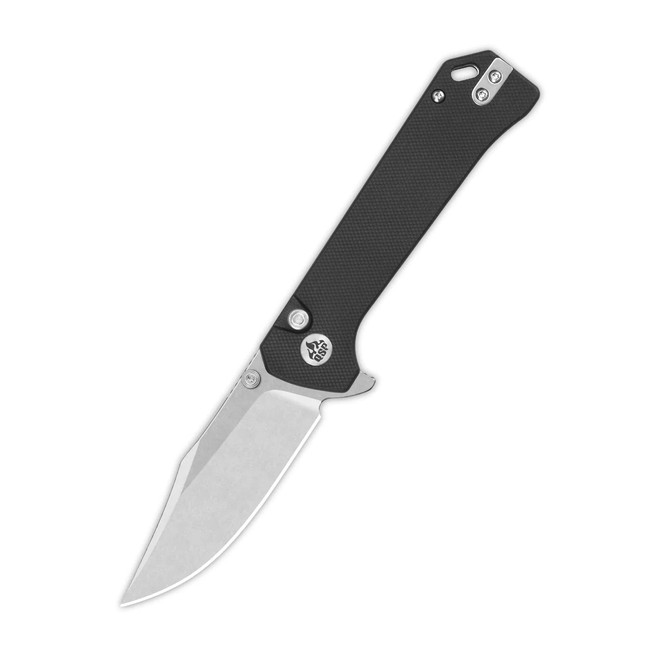 QSP Grebe Button Lock Folding Knife Black G10 Handle 14C28N Clip Point Plain Edge QS147-C1