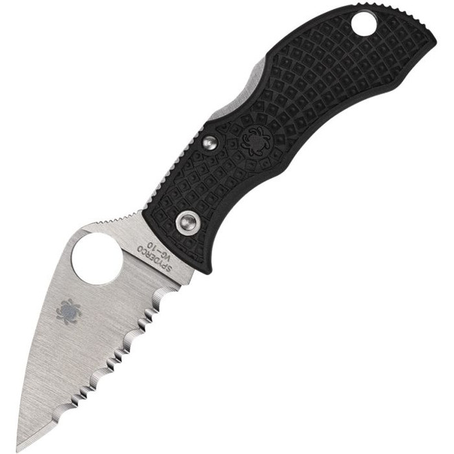 Spyderco Manbug Lockback Folding Knife Black Textured FRN Handle VG-10 Serrated Edge Satin Finish