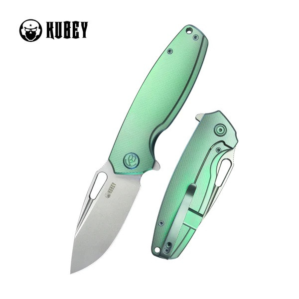 Kubey Tityus Frame Lock Folding Knife Green Titanium Handle 14C28N