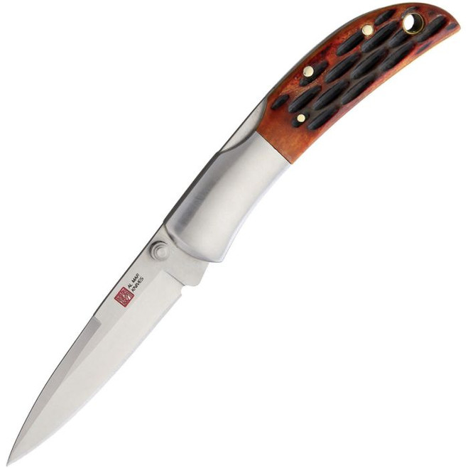 Al Mar Hawk Folding Knife Honey Jigged Bone Handle AUS-8 Plain Edge Satin Finish AMK7002