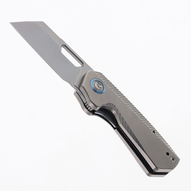Divo Nip Folding Knife Stonewash Titanium Handle w/ Blue Hardware Stonewashed S90V Blade