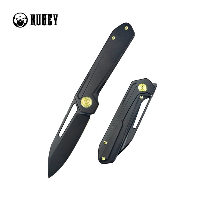 Kubey Royal Frame Lock Folding Knife Black Titanium Handle M390 Clip Point Plain Black Blade KB321O