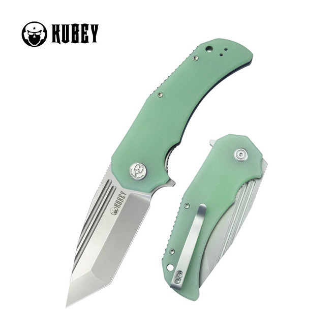 Kubey Bravo One Folding Knife Jade G10 Handle AUS-10 Tanto Plain Edge Beadblast Finish KU318D