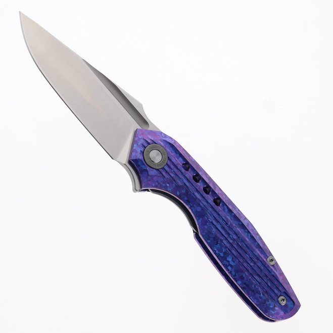 Two Sun Folding Knife Blue Crystallized Titanium Handle M390 Plain Edge TS194-M390-Blue
