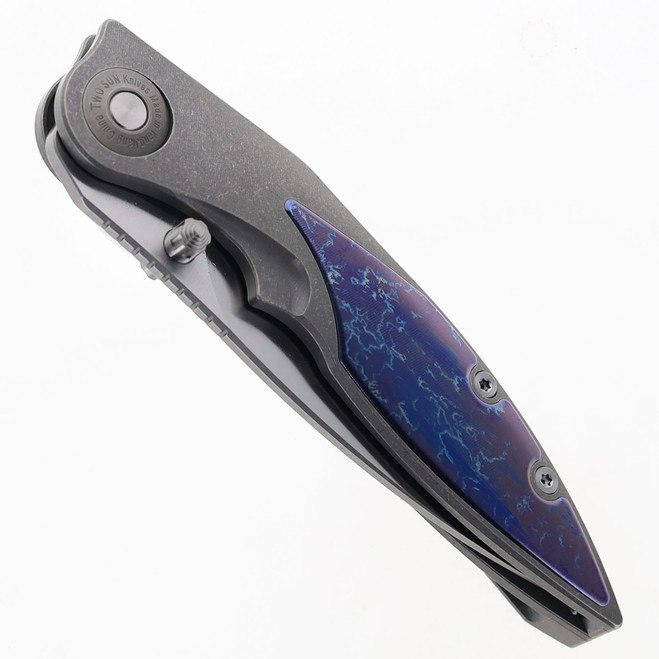 Two Sun Folding Knife Blue/Black Titanium Handle D2 Plain Edge TS413