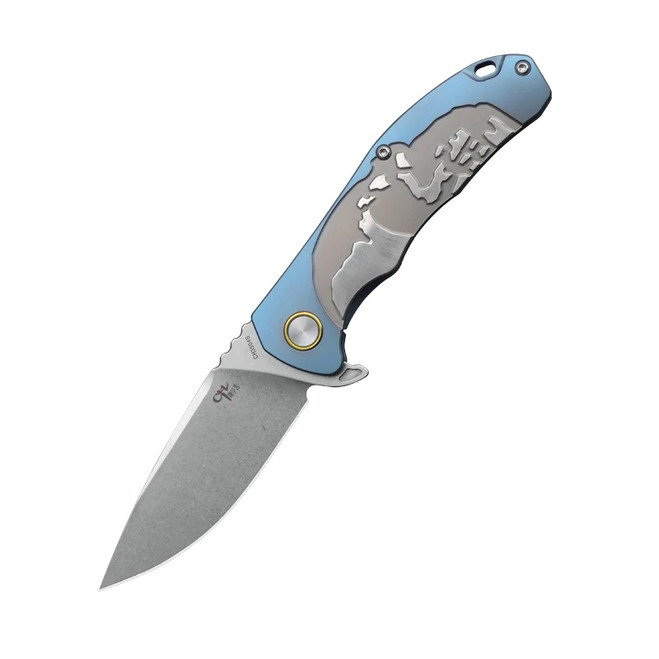 CH Folding Knife Blue Titanium Handle M390 Plain Edge Stonewash Finish 3504S-BL