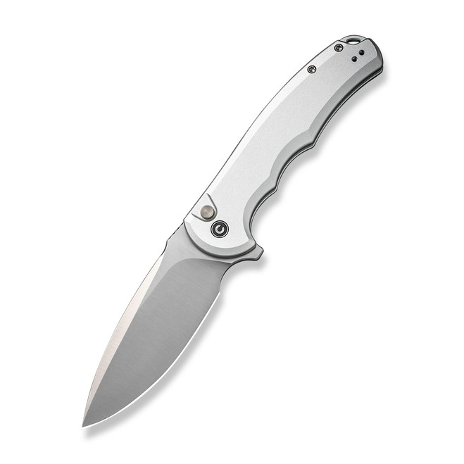 Civivi Button Lock Praxis Folding Knife Silver Aluminum Handle Nitro-V Drop Point Plain Edge Satin Finish C18026E-2