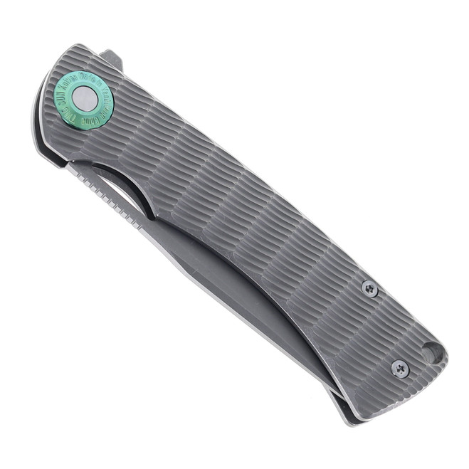 Two Sun Flipper Folding Knife Gray Titanium Handle Plain Edge