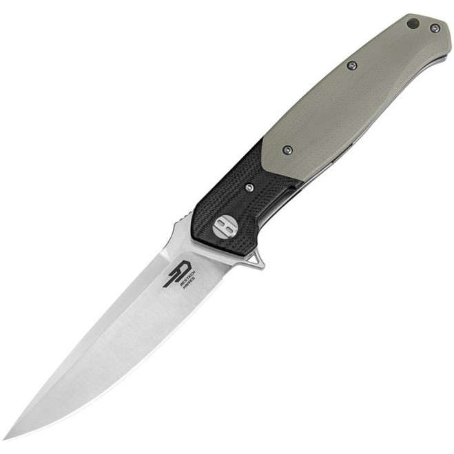 Bestech Swordfish Linerlock Folding Knife Beige/Black G10 Handle M-Cut Plain Edge Satin Finish BG03K