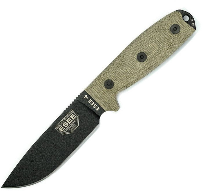 Esee Model 4 3D Fixed Blade Knife Green Canvas Micarta Handle 1095HC Plain Black Blade ES4PB017