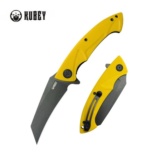 Kubey Anteater Folding Knife Yellow G10 Handle 14C28N Plain Edge