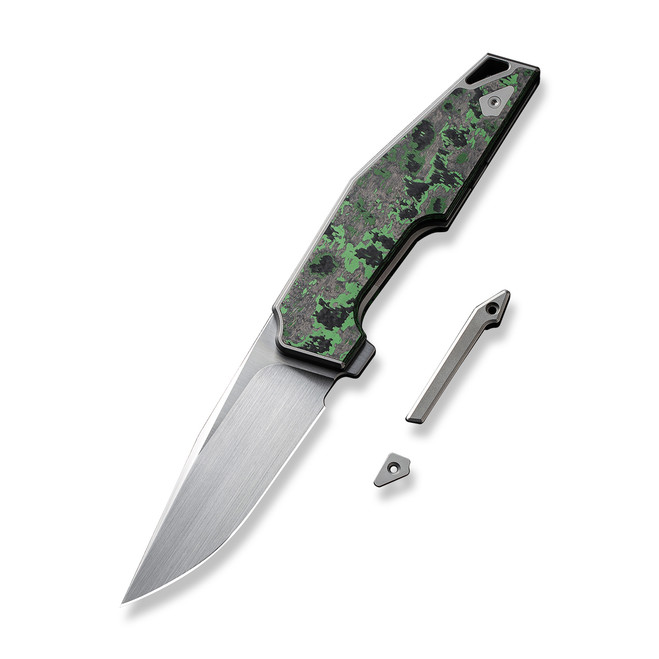 WE OAO Folding Knife Gray/Green/Black Titanium Jungle Wear Fat Carbon Fiber Handle 20CV Clip Point Plain Edge Hand Rubbed Satin Finish WE23001-3