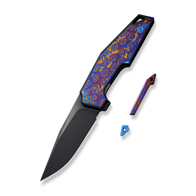 WE OAO Folding Knife Black/Purple/Gold/Blue Titanium/Timascus Handle 20CV Clip Point Plain Edge Black Stonewash Bevels/Black Brushed Flats Finish WE23001-4 WE OAO Folding Knife Black/Purple/Gold/Blue Titanium/Timascus Handle 20CV Clip Point Plain Edge Black Stonewash Bevels/Black Brushed Flats Finish WE23001-4