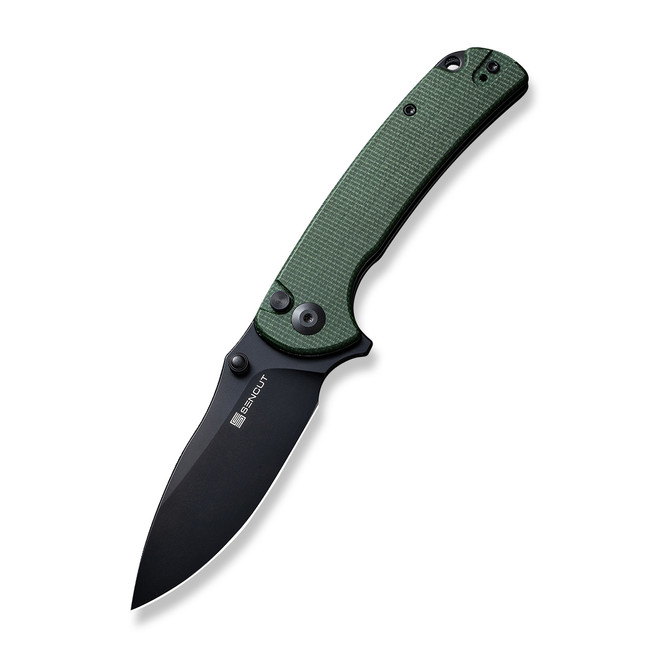 Sencut Pulsewave Folding Knife Green Canvas Micarta Handle 9Cr18MoV Drop Point Plain Black Blade S23032-3