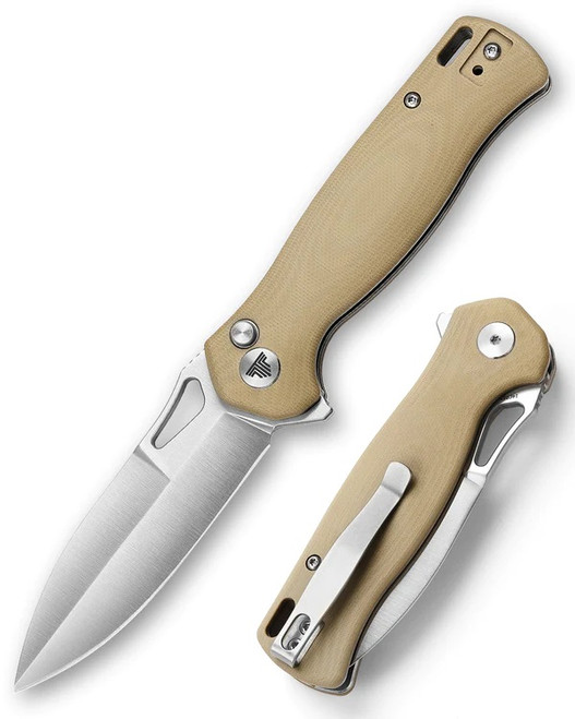 Trivisa Crateris-03D Button Lock Folding Knife Tan G10 Handle 14C28N Plain Edge Hand Satin Finish