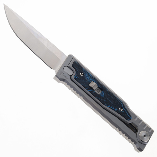 Reate EXO-M w/ Lock Folding Knife Blue/Black Gmascus Inlay Handle Elmax Drop Point Satin Finish Reate EXO-M w/ Lock Folding Knife Blue/Black Gmascus Inlay Handle Elmax Drop Point Satin Finish