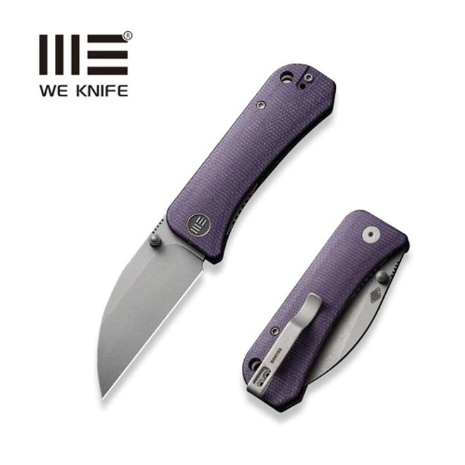 WE Banter Folding Knife Purple Canvas Micarta Handle S35VN Wharncliffe Plain Edge Gray Stonewash Finish WE19068J-2 WE Banter Folding Knife Purple Canvas Micarta Handle S35VN Wharncliffe Plain Edge Gray Stonewash Finish WE19068J-2