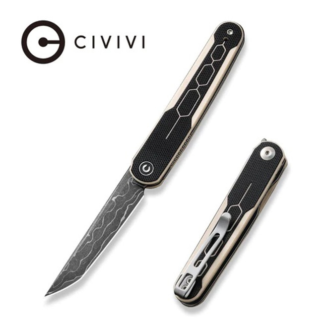 Civivi KwaiQ Folding Knife Ivory/Black G10 Handle Damascus Tanto Plain Edge C23015-DS1