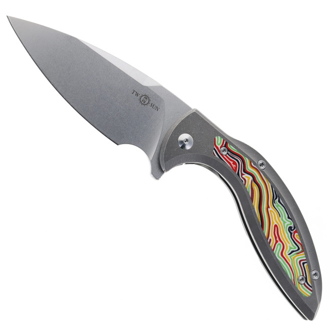 Two Sun Folding Knife Stonewashed Titanium & Multi-Color G10 Handle 14C28N Plain Edge Stonewash Finish TS465
