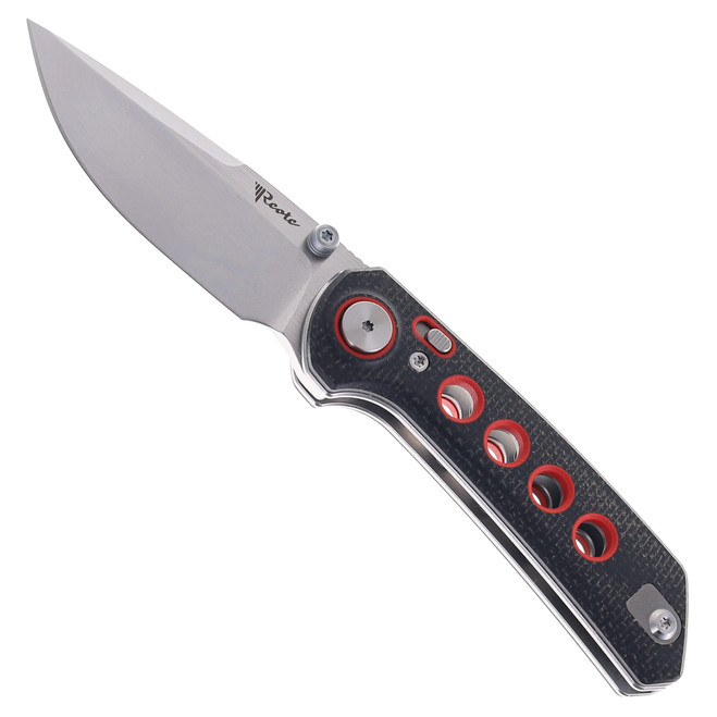 Reate PL-XT Folding Knife Black Micarta/Red G10 Handle Nitro-V Plain Edge Stonewash Finish