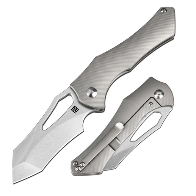 Artisan Baskin Frame Lock Folding Knife Gray Titanium Handle S90V Plain Edge 1853G-GY