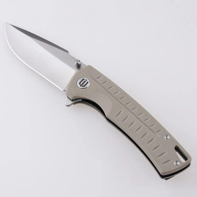 Discontinued Shieldon Bard Ichthyolite Folding Knife Beige G10 Handle 7Cr17MoV Harpoon Point Plain Edge Satin Finish 2307C