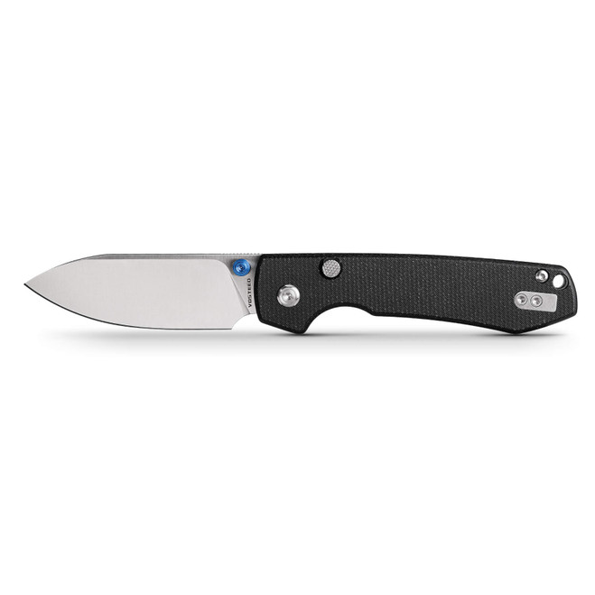 Vosteed Raccoon Top Liner Lock Folding Knife Black Micarta Handle 14C28N Drop Point Plain Edge Satin Finish A2903