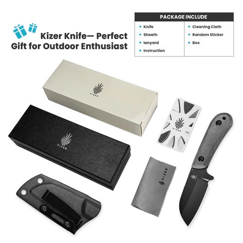 Kizer Deckhand Fixed Blade Knife Black G10/Micarta Handle D2 Plain