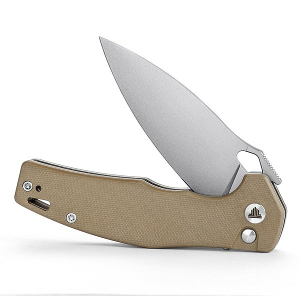 Trivisa Corvus-03N Button Lock Folding Knife Tan G10 Handle 14C28N