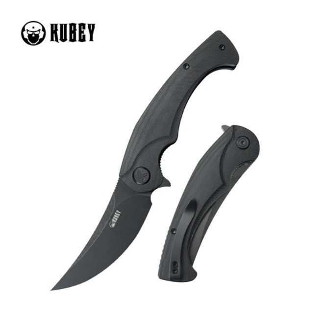 Kubey Scimitar Liner Lock Folding Knife Black G10 Handle 14C28N Plain Edge Blackwash Finish KU173L