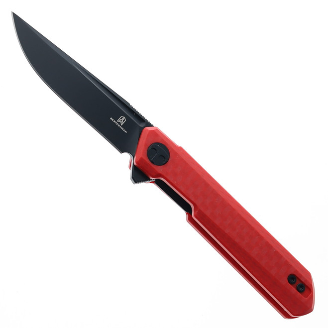 Bestech Mini Dundee Folding Knife Red G10 Handle D2 Plain Black Blade BMK03N