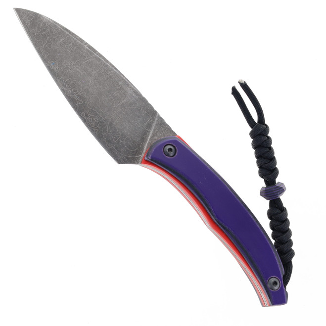 Max Tkachuk Custom Beshket Sheepsfoot Flat Grind Fixed Blade Knife Violet/Red Micarta Jolly Roger Finish Max Tkachuk Custom Beshket Sheepsfoot Flat Grind Fixed Blade Knife Violet/Red Micarta Jolly Roger Finish