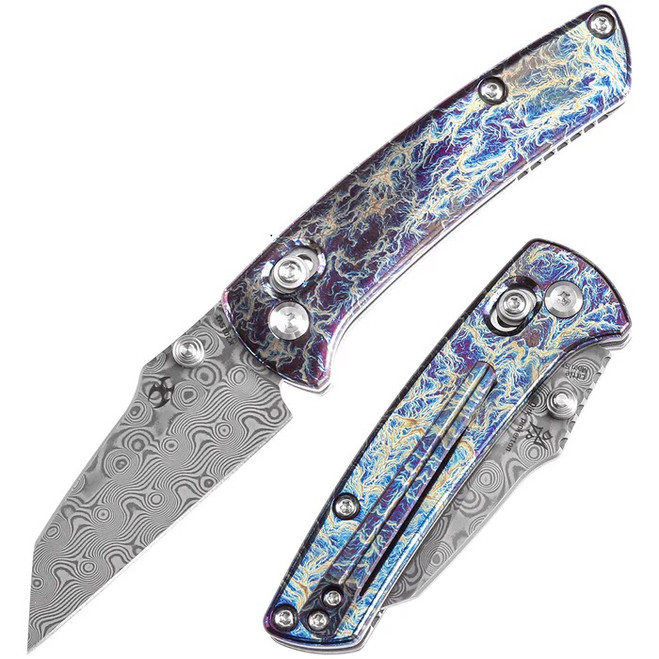 Kansept Little Main Street Folding Knife Lightning Strike Titanium Handle Damascus Plain Edge K2015V1