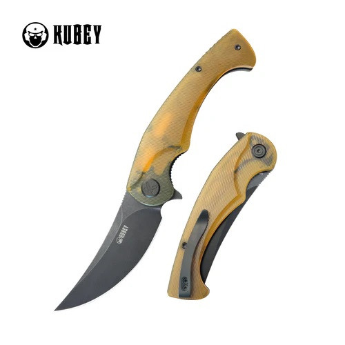 Kubey Scimitar Folding Knife Yellow Ultem Handle 14C28N Trailing Point Plain Edge Blackwash Finish KU173H