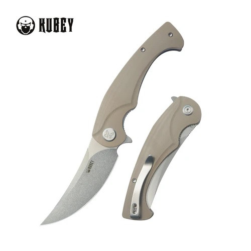 Kubey Scimitar Folding Knife Tan G10 Handle 14C28N Trailing Point