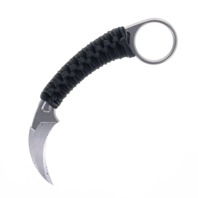 Bastinelli Pika Fixed Blade Knife Karambit Black Cord Wrapped Handle N690 Karambit Plain Edge Stonewash Finish BAS202W