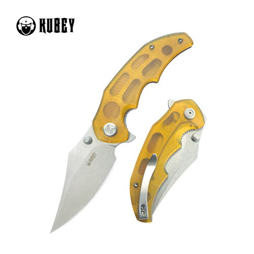Kubey Ceto Folding Knife Yellow Ultem Handle 14C28N Clip Point Plain Edge Stonewash Finish KU181C