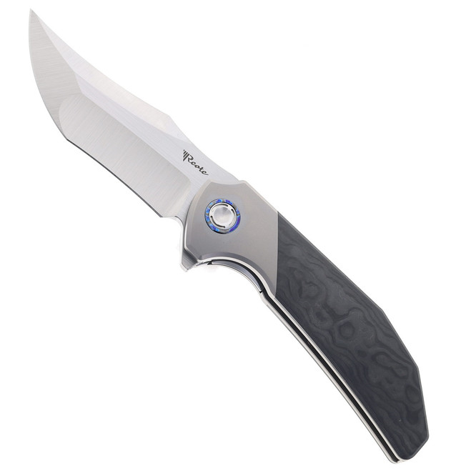 (Broken Tip) Open Box/Returned Reate Knives Tiger Folding Knife Black Camo Fat Carbon Fiber Handle M390 Plain Edge Belt Satin Finish (Broken Tip) Open Box/Returned Reate Knives Tiger Folding Knife Black Camo Fat Carbon Fiber Handle M390 Plain Edge Belt Satin Finish