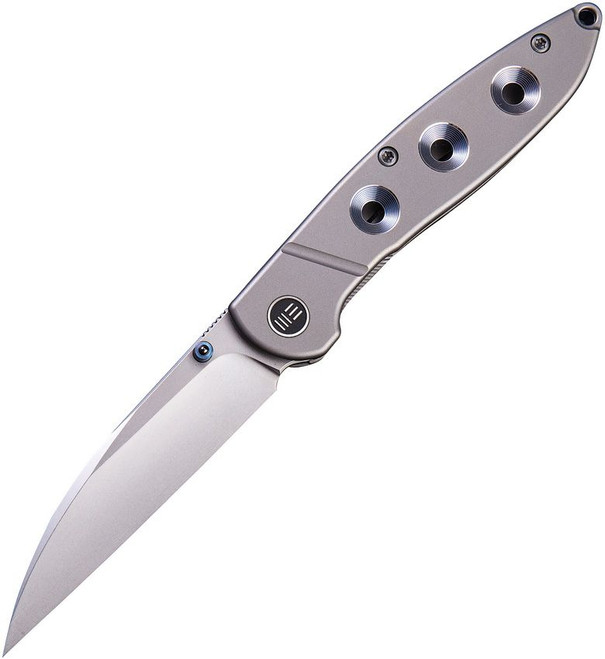 Discontinued WE Knife Schism Frame Lock Knife Gray Ti Handle Blue Holes Plain S35VN Edge 908B Discontinued WE Knife Schism Frame Lock Knife Gray Ti Handle Blue Holes Plain S35VN Edge 908B