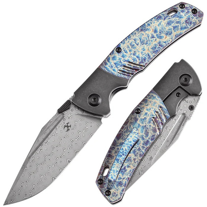 Kansept Hinterland Folding Knife Blackwash/Lightning Strike Titanium Handle Damascus Plain Edge K1057A6