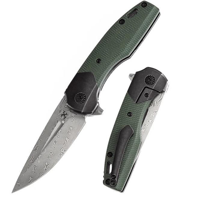 Kansept Cassowary Folding Knife Black Stonewash Titanium/Green Micarta Handle Damascus Plain Edge K2065B6