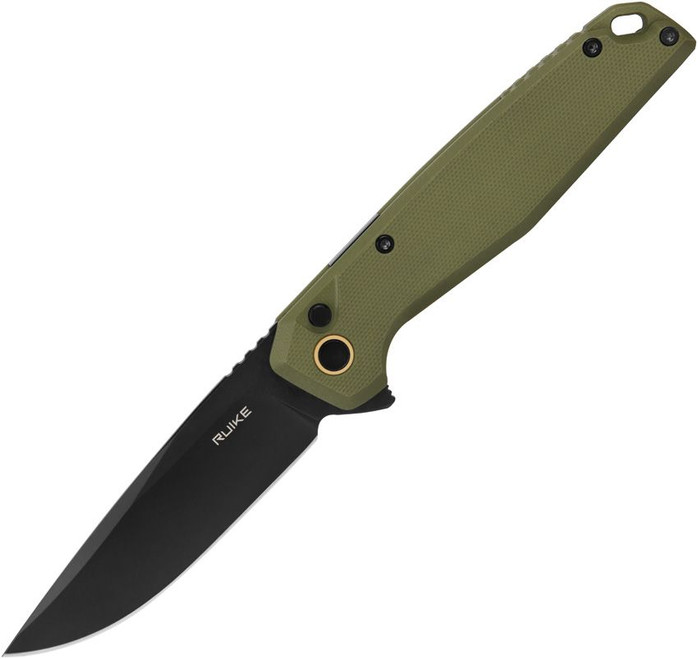 Ruike Button Lock Folding Knife OD Green G10 Handle 14C28N Plain Edge Black Stonewash Finish P873G