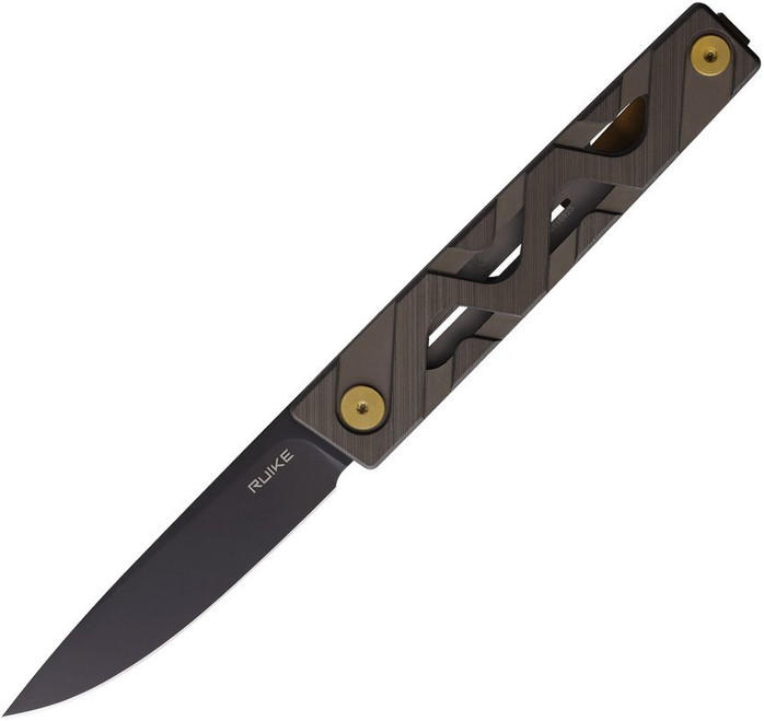 Ruike Liner Lock Folding Knife Bronze Aluminum Handle 14C28N Plain Edge Black Stonewash Finish P878AK