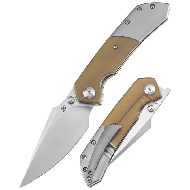 Kansept Fenrir Flipper Folding Knife Titanium/Amber PEI Ultem Handle S35VN Drop Point Plain Edge Satin Finish K1034P1