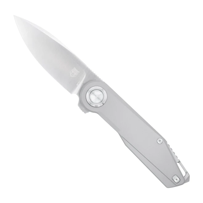 Cobratec Prodigy Button Lock Folding Knife Gray Titanium Handle M390 Plain Edge CTPGYM390DNSBL