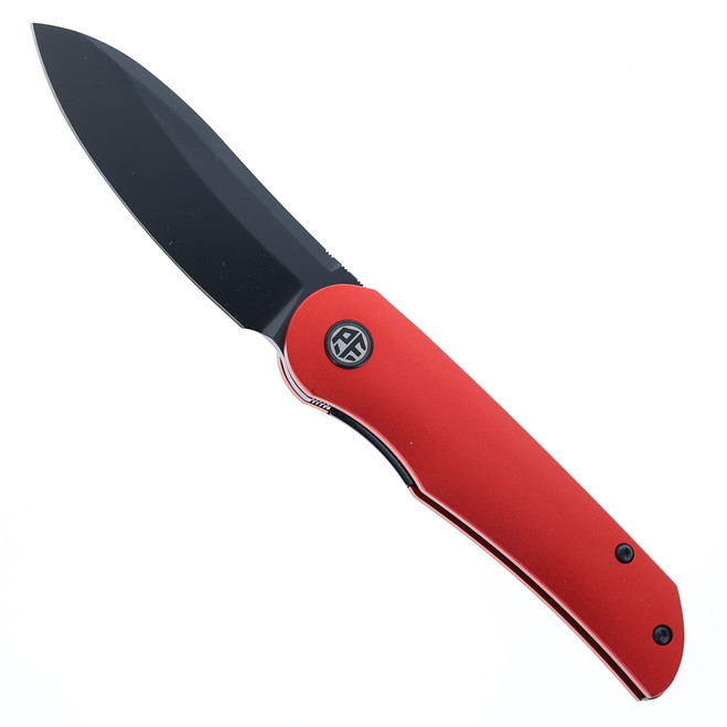 Petrified Fish PFE16 Elcamino Folding Knife Red Aluminum Handle N690 Plain Edge Black Stonewash Finish PFE16RADW