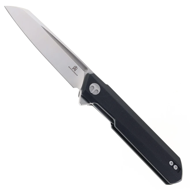 Black g10 folding knife with textured handle and plain edge blade