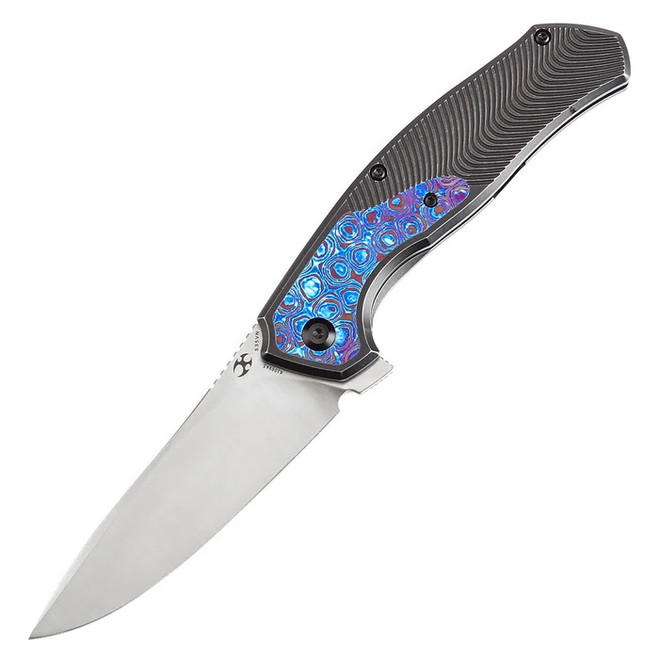 の Kansept Havorn Folding Knife Blackwash Titanium Timascus Handle