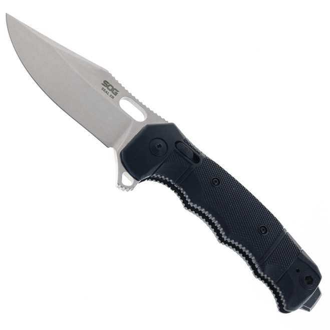 SOG Seal XR Lock Folding Knife Black GRN Handle S35VN Plain Edge Stonewash Finish 12-21-11-57